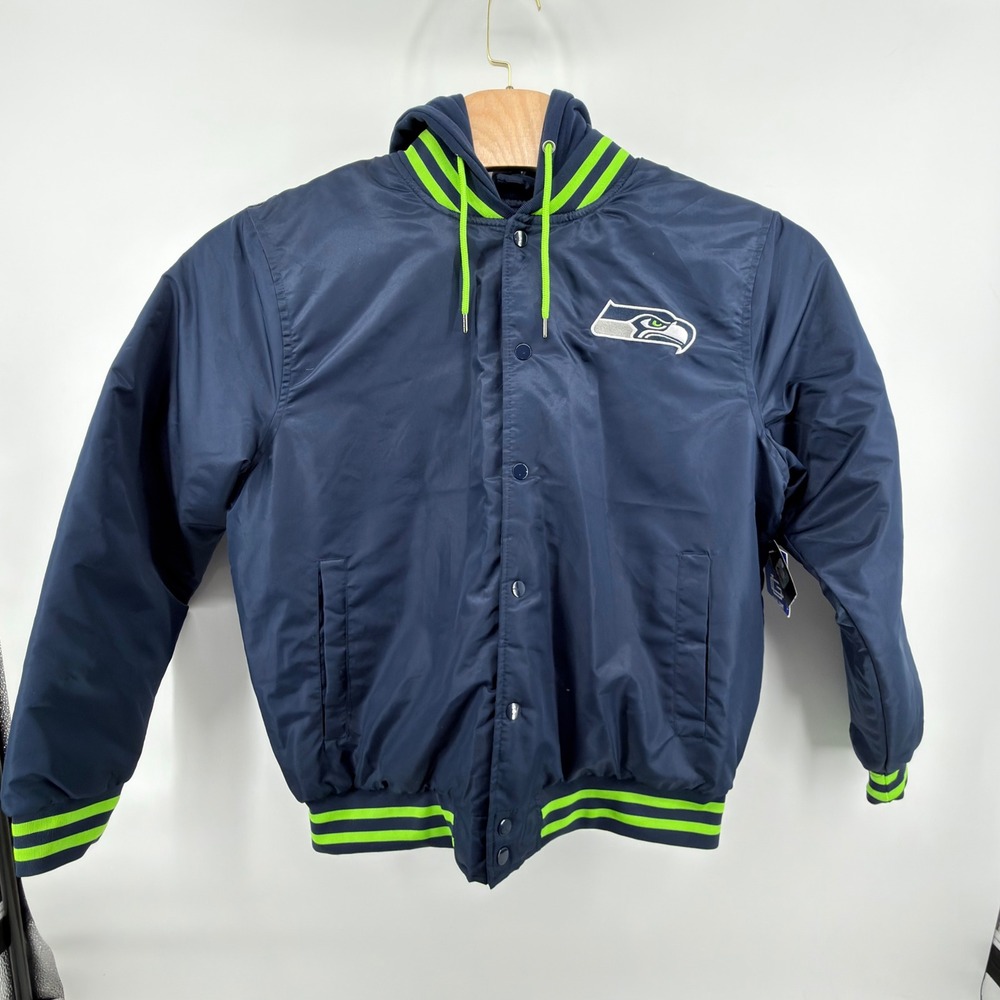NFL Ultra Game Seattle Seahawks Hooded Bomber Jacket Large Navy NWT